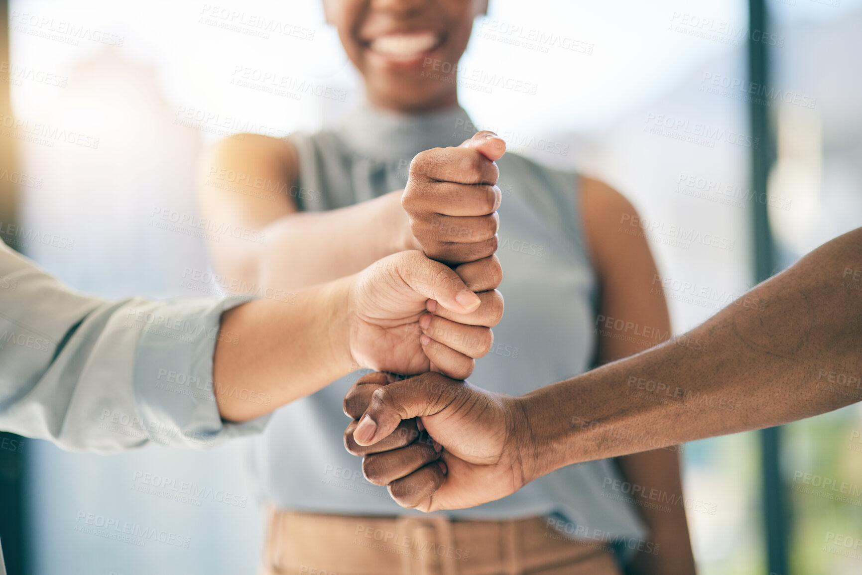 Buy stock photo Fist bump stack, support or business people for motivation, teamwork or mission in collaboration. Partnership, hands closeup or employees meeting in huddle with goal, vision or solidarity together