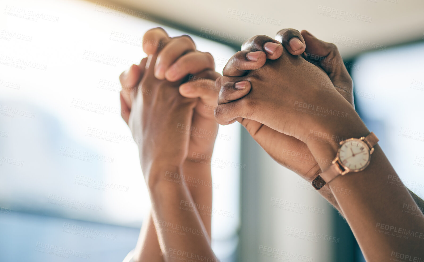 Buy stock photo Hands, target and motivation with a business team in their office for success, unity or solidarity. Support, teamwork or collaboration with an employee group at work for partnership or celebration