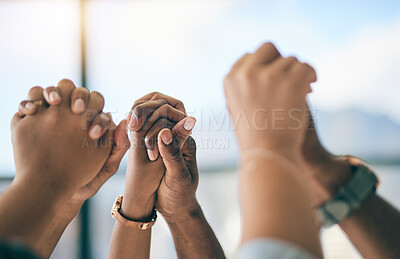 Buy stock photo Hands, support and motivation with a business team in their office for success, unity or solidarity. Target, teamwork or collaboration with an employee group at work for partnership or celebration