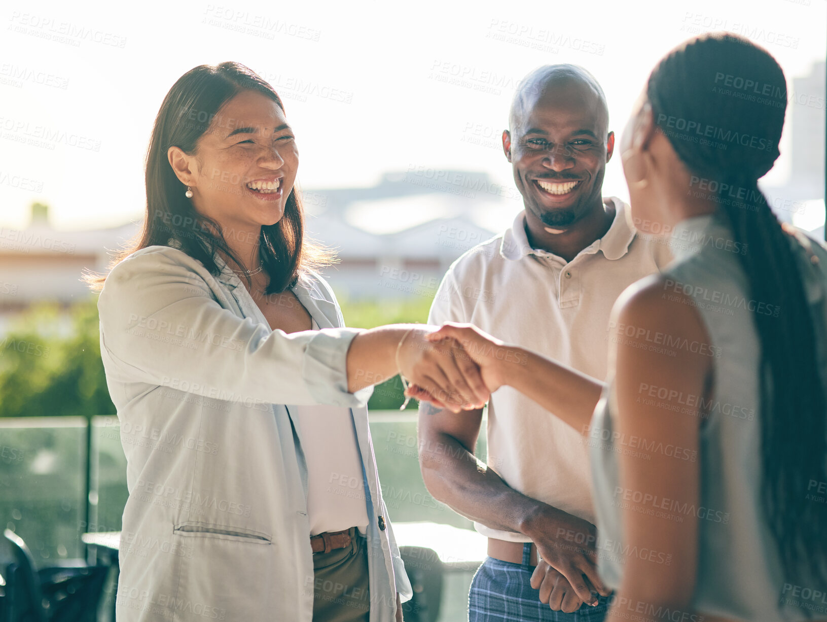 Buy stock photo Business people, handshake and happy in collaboration, deal or agreement in city. Shaking hands, smile and group in b2b partnership, integration and success in negotiation for startup acquisition