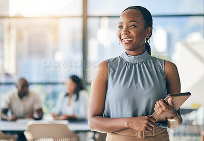 Buy stock photo Black woman in office with tablet, smile and mockup, leadership in business meeting with professional. Workshop, project management and happy businesswoman with digital device, space and confidence.