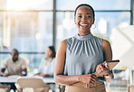 Portrait of black woman in office with tablet, smile and leadership in business meeting in professional space. Workshop, management and happy businesswoman with digital device, mockup and confidence.