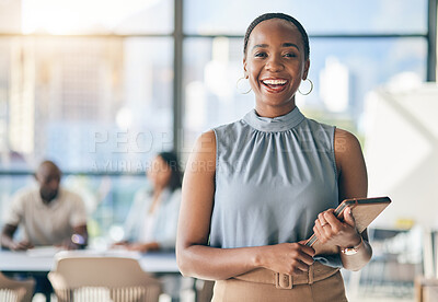 Buy stock photo Portrait of black woman in office with tablet, smile and leadership in business meeting in professional space. Workshop, management and happy businesswoman with digital device, mockup and confidence.