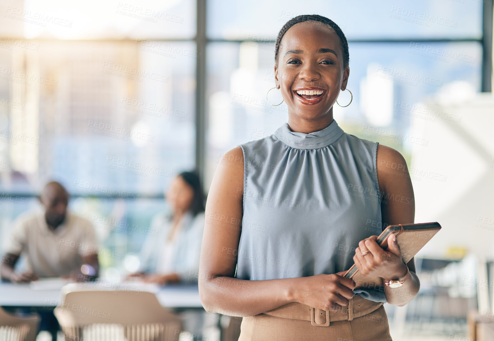 Buy stock photo Portrait of black woman in office with tablet, smile and leadership in business meeting in professional space. Workshop, management and happy businesswoman with digital device, mockup and confidence.