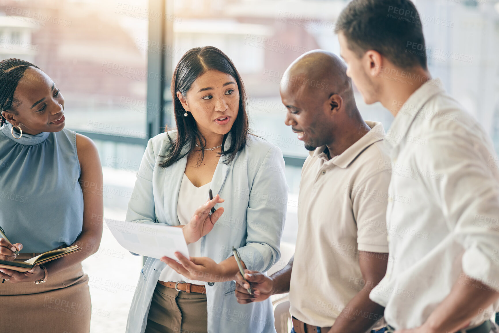 Buy stock photo Meeting, business people with woman boss and paperwork for training, motivation and collaboration. Teamwork, men and women in office with documents, feedback and brainstorming at workshop with mentor