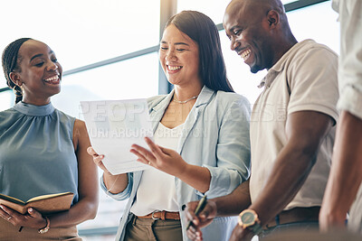 Buy stock photo Meeting, business people with happy woman mentor and paperwork for training, motivation and collaboration. Team boss, men and women in office with documents, feedback and brainstorming at workshop.