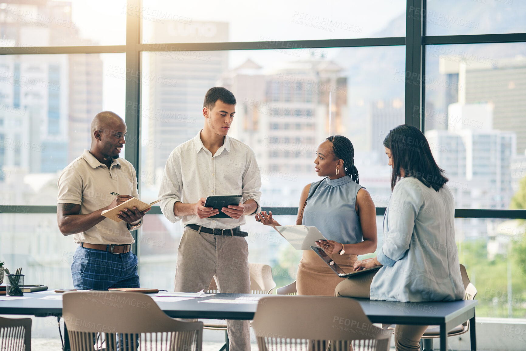 Buy stock photo Diversity, meeting and business people planning together for teamwork, project or company collaboration. Agenda, office and corporate employees speaking about brainstorming, ideas or our vision