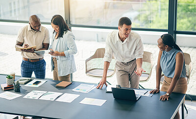 Buy stock photo Meeting, men and women with laptop, paperwork and workshop for motivation, discussion and collaboration. Teamwork, business people in office together with computer, b2b documents and brainstorming.