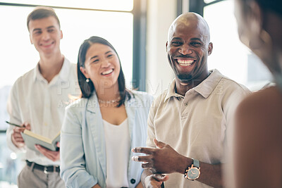 Buy stock photo Happy, planning and diversity with business people in a meeting for a discussion while laughing. Corporate, office and employees together, speaking and a funny conversation at work with a smile