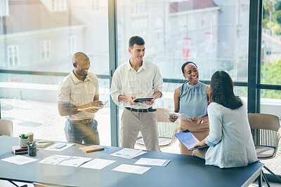 Buy stock photo Talking, meeting and business people planning together for teamwork, project or company collaboration. Agenda, office and corporate employees speaking about brainstorming, ideas or our vision