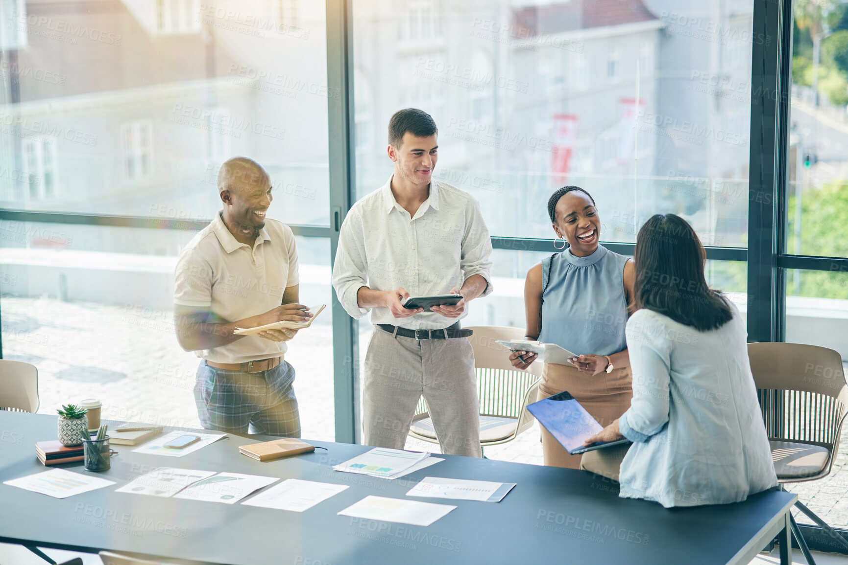 Buy stock photo Talking, meeting and business people planning together for teamwork, project or company collaboration. Agenda, office and corporate employees speaking about brainstorming, ideas or our vision