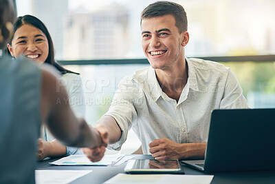 Buy stock photo Business people, shaking hands and happy in interview, hiring or onboarding. Handshake, deal and group in b2b collaboration, partnership and success in negotiation for startup acquisition agreement