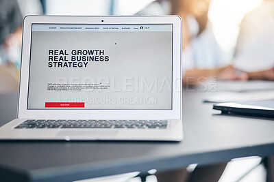 Buy stock photo Laptop screen, website and business meeting in office for branding, digital and technology. Networking, strategy and growth with computer in agency for planning, research and project management