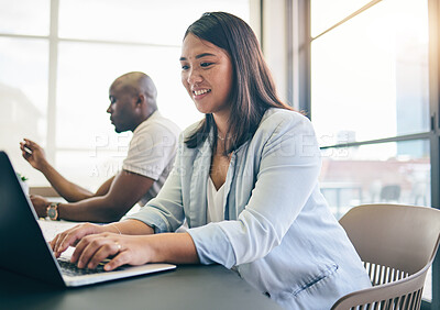 Buy stock photo Business woman, laptop and planning in meeting, website information and agenda, FAQ or marketing research. Professional worker or employees typing on computer for email update or project in workspace