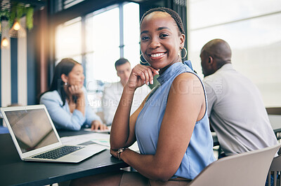 Buy stock photo Portrait, business and black woman in a meeting, planning and brainstorming with ideas, laptop and feedback. Face, African person or corporate professional with teamwork, innovation and conversation