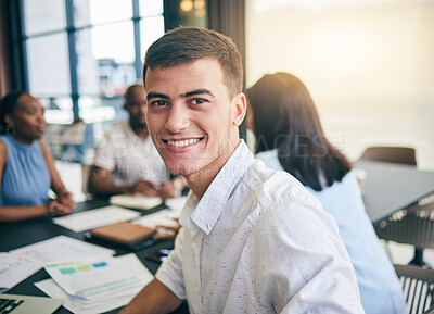 Buy stock photo Portrait, business and man in a meeting, professional and brainstorming with ideas, conversation and feedback. Face, corporate person or agent with teamwork, innovation and conversation for a project