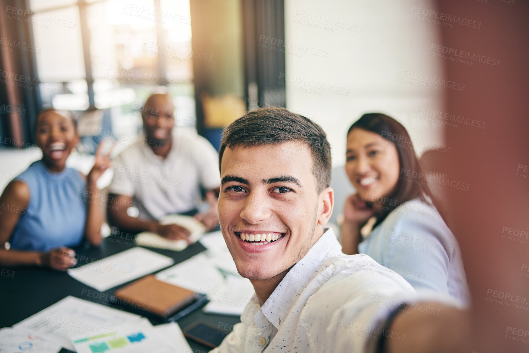 Buy stock photo Selfie, portrait or happy businessman in meeting taking photo to post on social media together. Smile, team building or excited employees with teamwork in a fun profile picture as office friends 