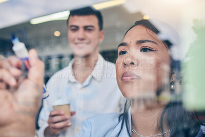 Buy stock photo Window, glass with collaboration and brainstorming, woman is writing, project management and strategy. Ideas, leadership and business people with storyboard, workshop and goals with productivity