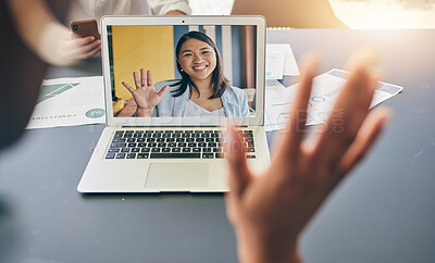 Buy stock photo Laptop screen, video call or happy business people wave hello in office communication, virtual meeting or welcome. Project teamwork, online webinar or professional person networking in web conference