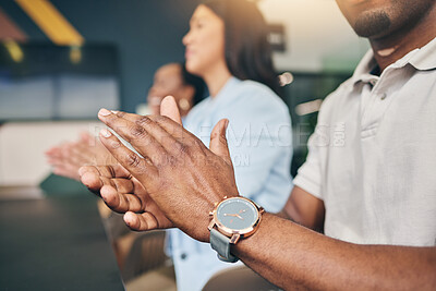 Buy stock photo Hands, applause and presentation, audience and team with meeting, seminar and business people in workplace. Conference, corporate group are clapping and closeup, support and success with community