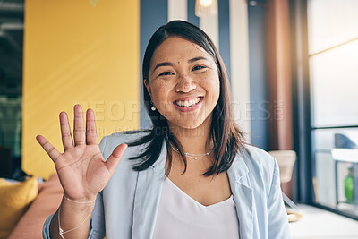 Buy stock photo Portrait, video call and happy business woman wave hello in communication, online meeting or greeting in design agency. Welcome, face and professional person on webinar, web conference or networking