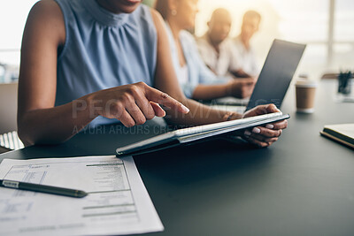 Buy stock photo Business people, hands and tablet for planning, website information and meeting agenda, FAQ or marketing research. Professional worker or employees scroll or typing on digital technology in workspace