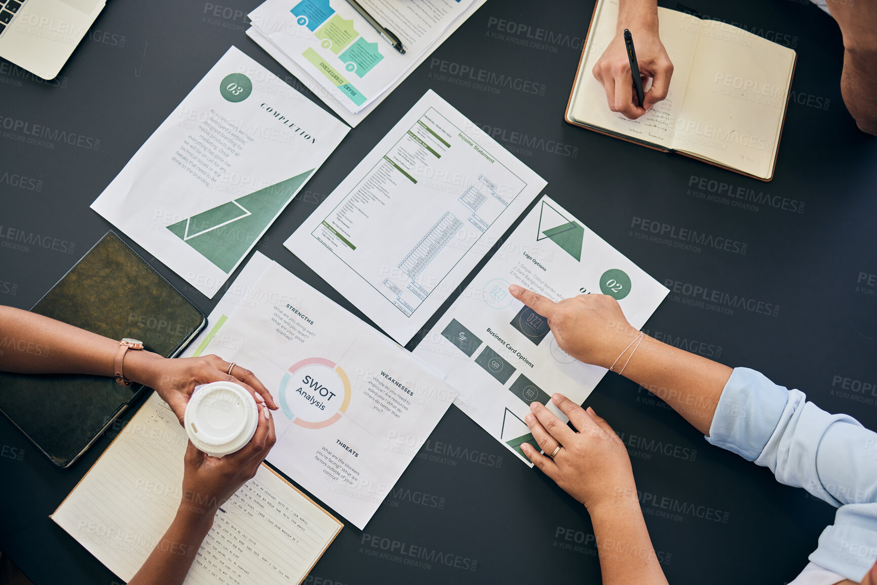 Buy stock photo Above, marketing strategy and business people with a report in meeting and employees brainstorming in office. Teamwork, project and group in analysis of financial opportunity in Mexico workspace