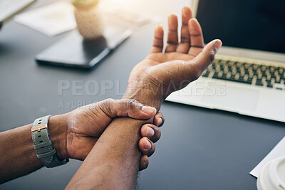 Buy stock photo Closeup of a businessman with wrist injury, pain or accident in the office with carpal tunnel. Medical emergency, arthritis and male person with nerve, muscle or joint sprain in his arm in workplace.