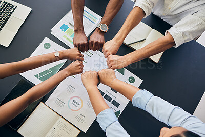 Buy stock photo Fist circle, business people and documents with group, teamwork and planning at startup, office or top view. Team building, hands and synergy with link, connection or paperwork for start in workplace