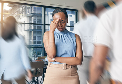 Buy stock photo Busy office, people and a black woman with a headache, workplace stress or burnout from chaos. Tired, corporate and an African employee with pain, anxiety or fatigue from a fast company and workers