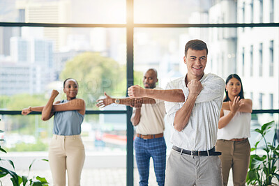 Buy stock photo Workout, stretching and a group of business people in the office to exercise for health or mobility together. Fitness, wellness and coach training an employee team in the workplace for a warm up