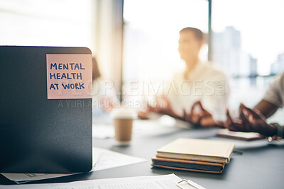 Note, work and business people with meditation for mental health awareness in the workplace. Yoga, peace and a message for a wellness, spiritual health or calm reminder at a company to meditate