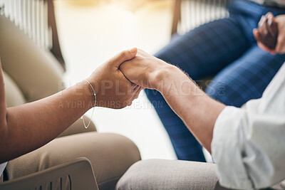 Buy stock photo Holding hands, praying circle and support with business people, team building and faith for mental health. Group, closeup and together for religion, worship and praise with peace, mindfulness or care