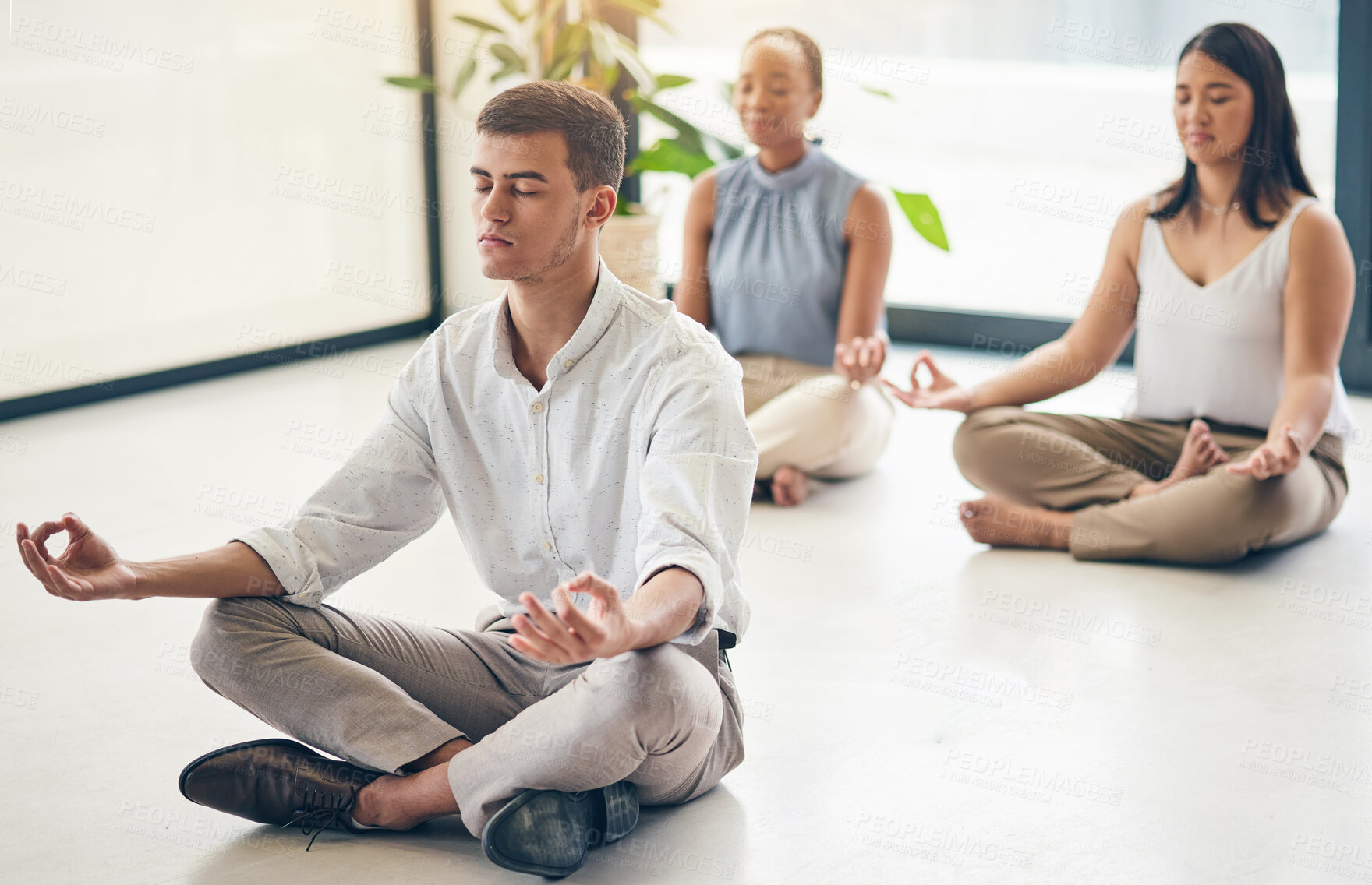 Buy stock photo Yoga, office or business people relax in lotus pose for mental health or breathing exercise together. Corporate, wellness or calm manager in zen meditation for stress management or peace with team