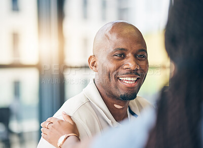 Buy stock photo Support, businessman and woman with hand on shoulder in care, kindness and empathy at work together. Teamwork, gratitude and smile, motivation for happy black man and manager in office collaboration.