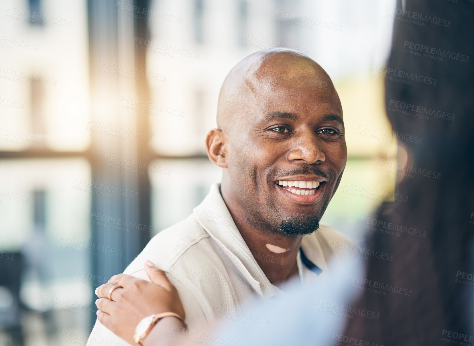 Buy stock photo Support, businessman and woman with hand on shoulder in care, kindness and empathy at work together. Teamwork, gratitude and smile, motivation for happy black man and manager in office collaboration.