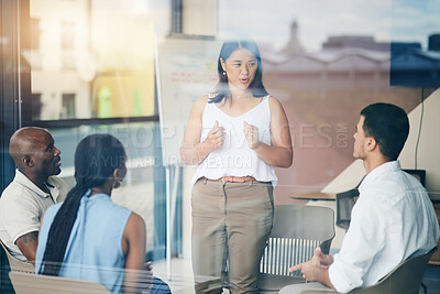 Buy stock photo Business presentation, woman and speaker with staff and market research in a office. Team meeting, collaboration and mentor speaking to employees for group management development and work coaching