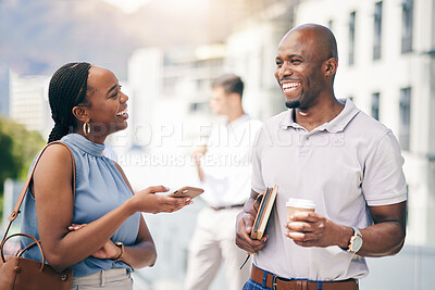 Buy stock photo African, business people and happy friends on coffee break city, town or commute to urban office in the morning with employees. Social, networking and woman outdoor in conversation with entrepreneur