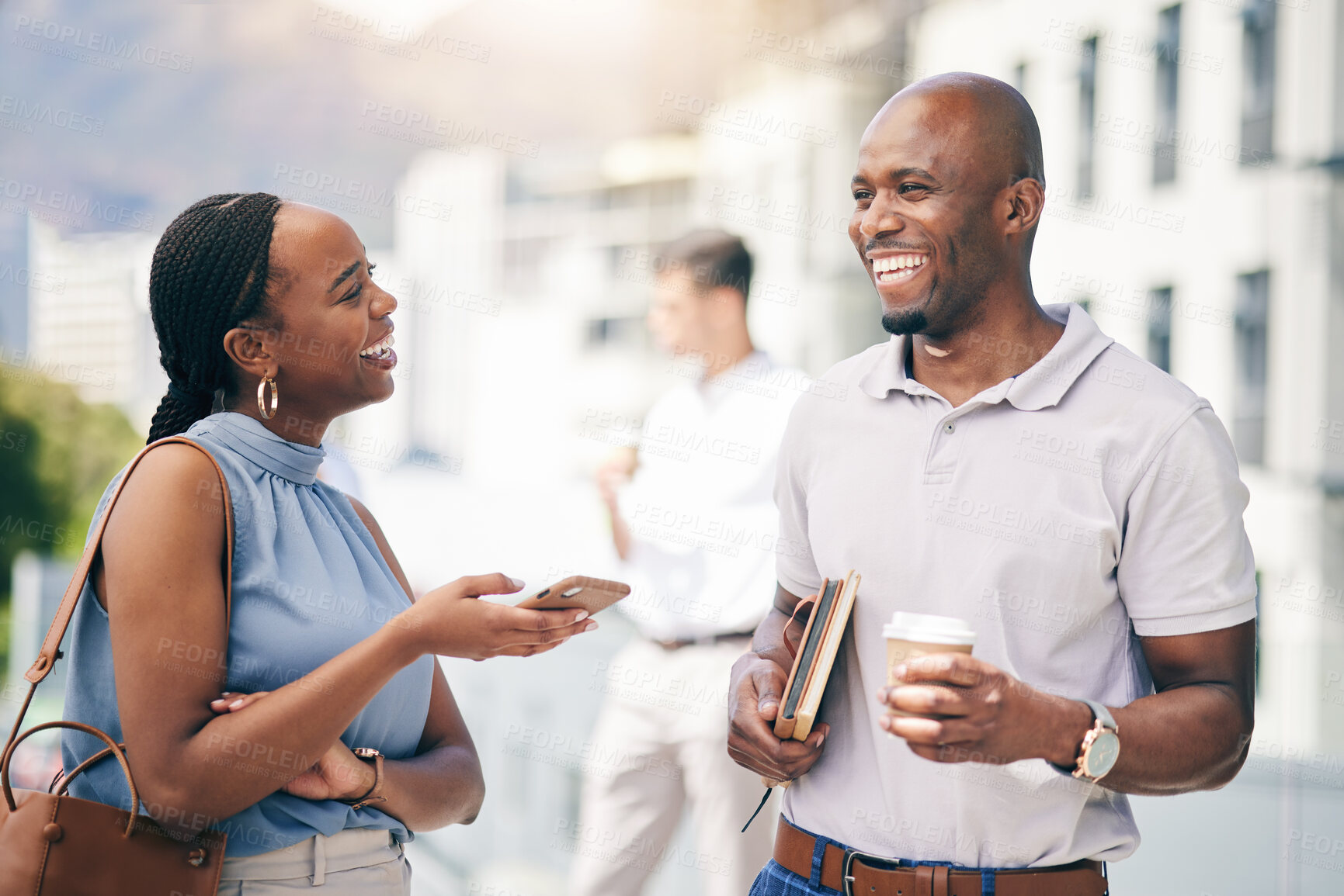 Buy stock photo African, business people and happy friends on coffee break city, town or commute to urban office in the morning with employees. Social, networking and woman outdoor in conversation with entrepreneur