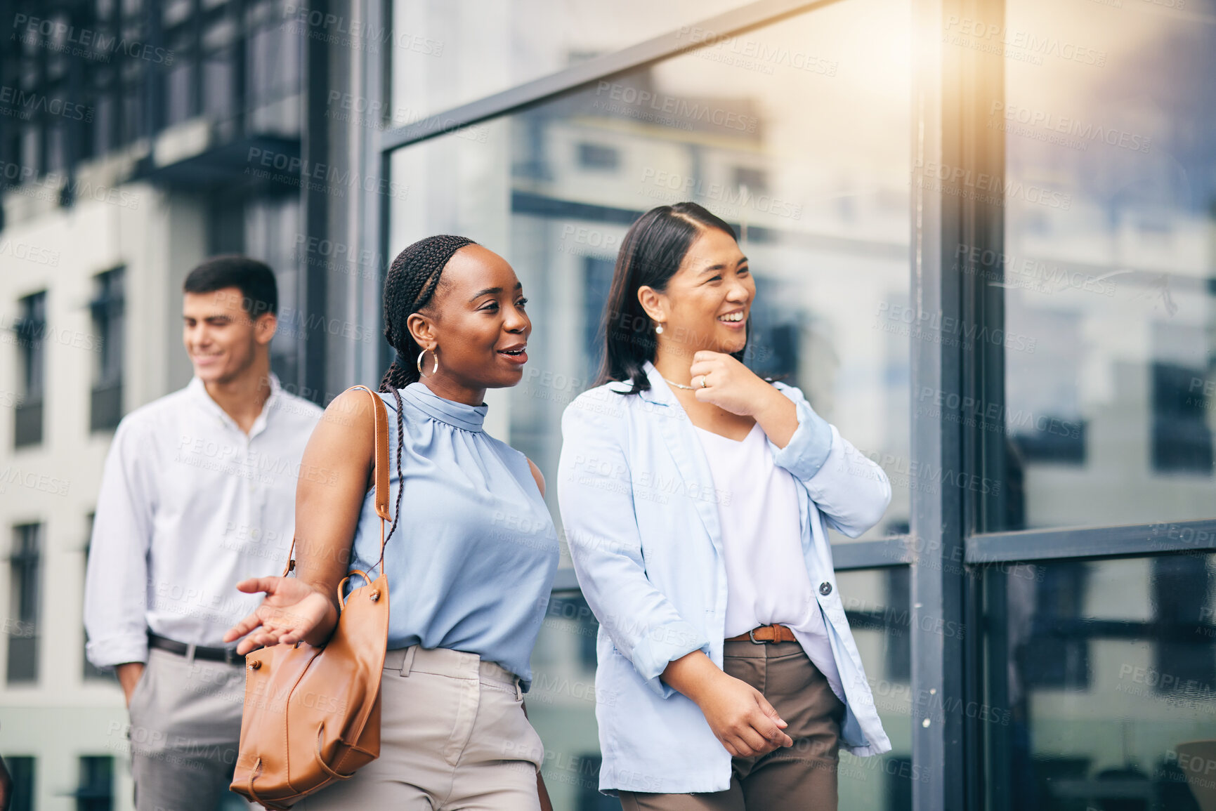 Buy stock photo Happy, friends and walking to work building in Mexico city, urban office and commute in the morning with corporate employees. Social, conversation and women in communication to relax on break