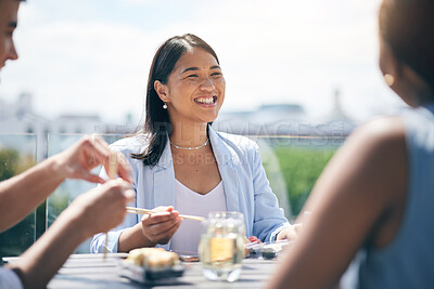 Buy stock photo Conversation, happy and friends eating lunch on a rooftop of a building on break together at the office. Smile, discussion and business people talking, bonding and enjoying a meal on the balcony.