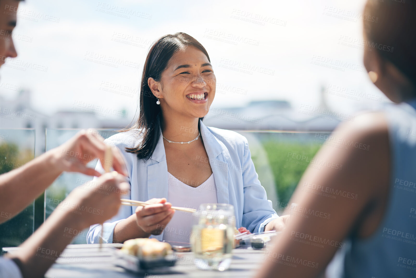 Buy stock photo Conversation, happy and friends eating lunch on a rooftop of a building on break together at the office. Smile, discussion and business people talking, bonding and enjoying a meal on the balcony.