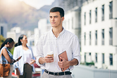 Buy stock photo City, walking and businessman with tablet on coffee break from workplace, building or commute in urban Brazil town. Journalist, writer or professional man outdoor for a walk in street, park or road