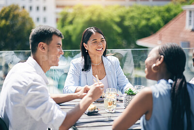 Buy stock photo Conversation, lunch and friends eating on a rooftop of a building on break together at the office. Happy, discussion and business people talking, bonding and enjoying a meal for brunch on the balcony