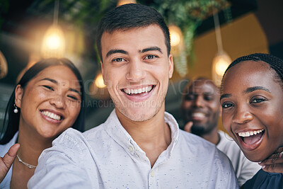 Buy stock photo Employees, selfie and business people with diversity, happiness and profile picture for about us, post or social media. Happy, portrait or group in Colombia office with smile for working together