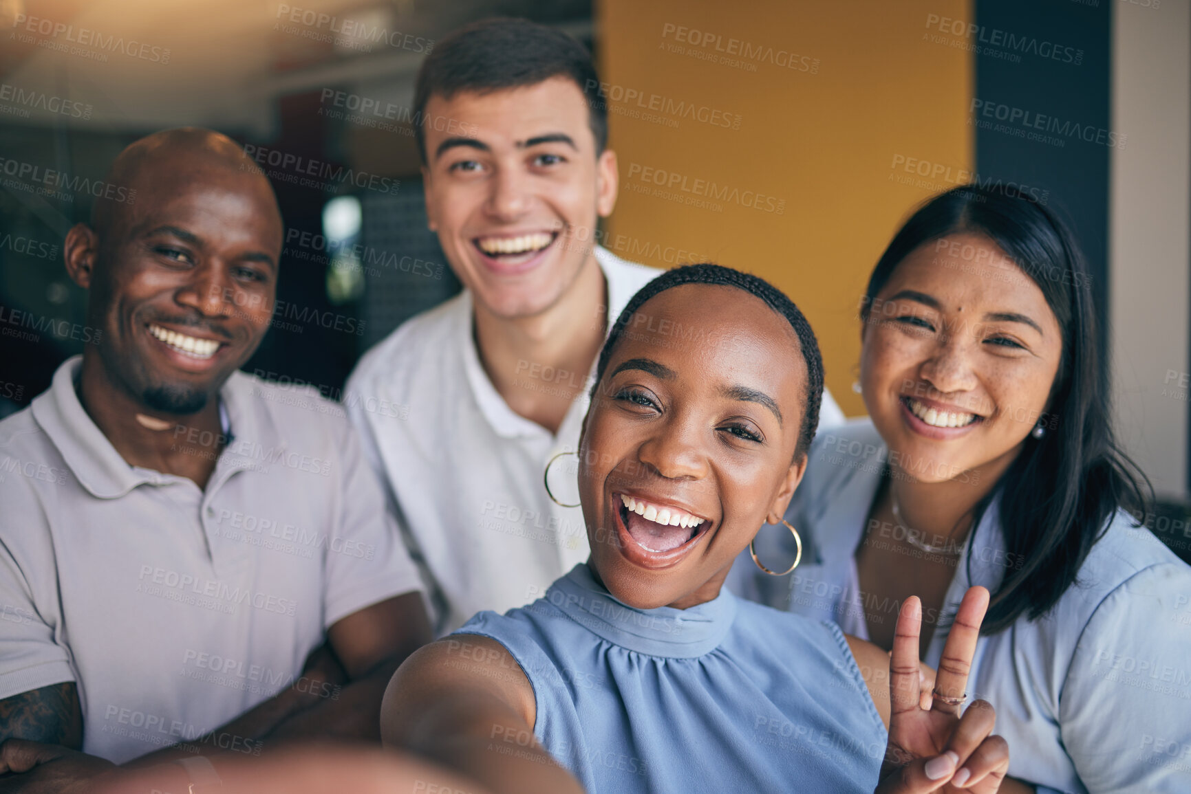 Buy stock photo Work selfie, portrait and business people with a peace sign for office teamwork and company friends. Smile, corporate and diversity with employees taking a photo together for happiness and bonding