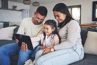 Buy stock photo Happy family, girl or parents with tablet for elearning, info or studying for education or remote learning at home. Child development, dad or mom with kid reading online ebook or news on social media