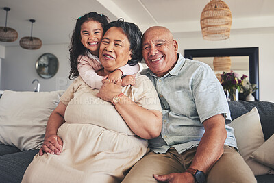 Buy stock photo Happy, hug and portrait of grandparents and child on sofa for smile, bonding and support. Love, happiness and relax with Mexico family and embrace in living room at home for calm, cheerful and peace