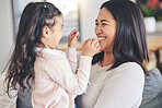 Funny, happy and playful with mother and daughter on sofa for love, care and support. Smile, calm and relax with woman and young girl embrace in living room of family home for peace, cute and bonding