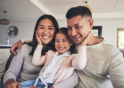 Buy stock photo Smile, hug and relax with family on sofa for happy, bonding and support. Love, happiness and lounge with Mexico parents with child and embrace in living room at home for calm, cheerful and peace